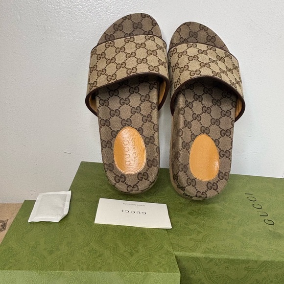 Gucci Beige and Brown Monogram Slides - Picture 10 of 12